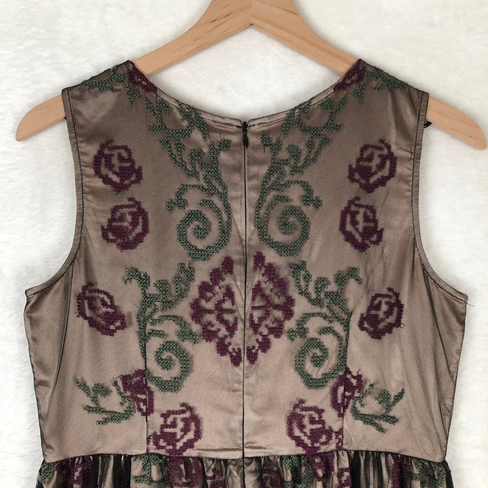 SUNDANCE Embroidered Mesh Fit Flare Midi Dress Sz 4 Tan Green Burgundy Floral - Picture 4 of 13